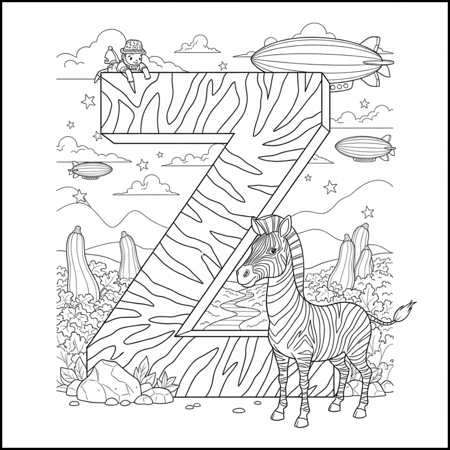 Edukacyjna kolorowanka z alfabetem A–Z dla dzieci. Proste czarno-białe ilustracje do druku, nauka liter, ćwiczenie rączki i kreatywna zabawa dla przedszkolaków.