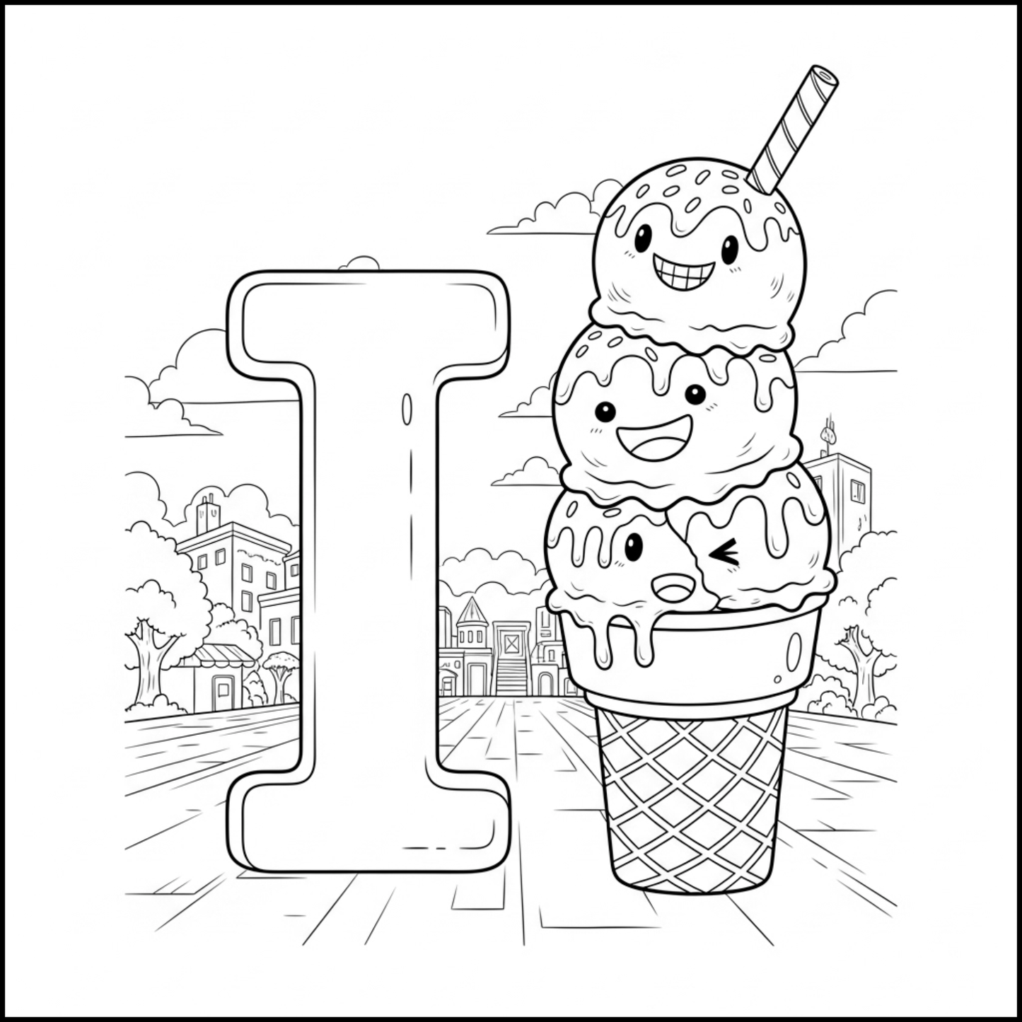 Edukacyjna kolorowanka z alfabetem A–Z dla dzieci. Proste czarno-białe ilustracje do druku, nauka liter, ćwiczenie rączki i kreatywna zabawa dla przedszkolaków.