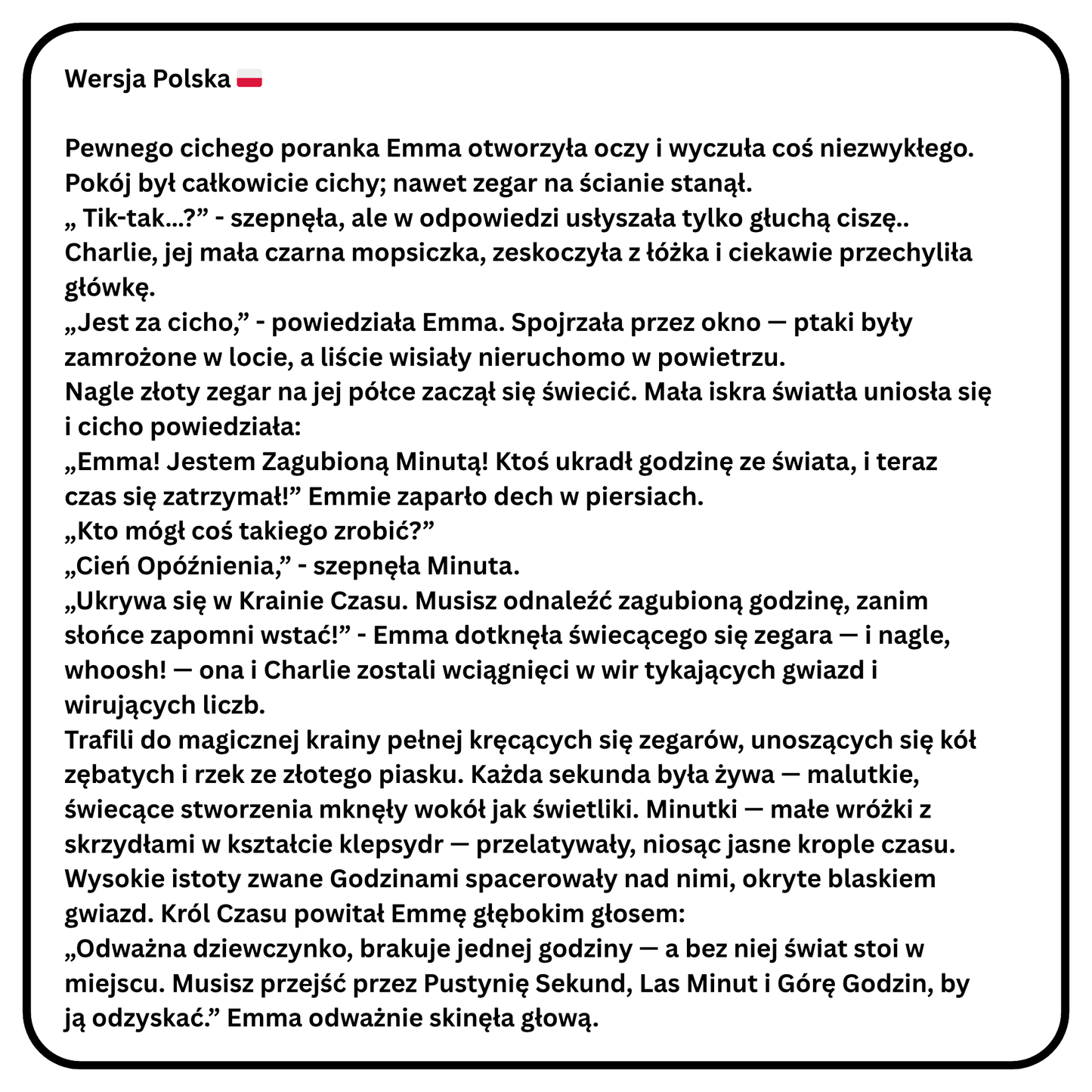 Nauka języka przez magiczną przygodę! Pobierz "Zagubioną Godzinę" – kompletny pakiet PDF zawierający dwujęzyczne opowiadanie (PL/EN), słowniczek i kreatywną kolorowankę.