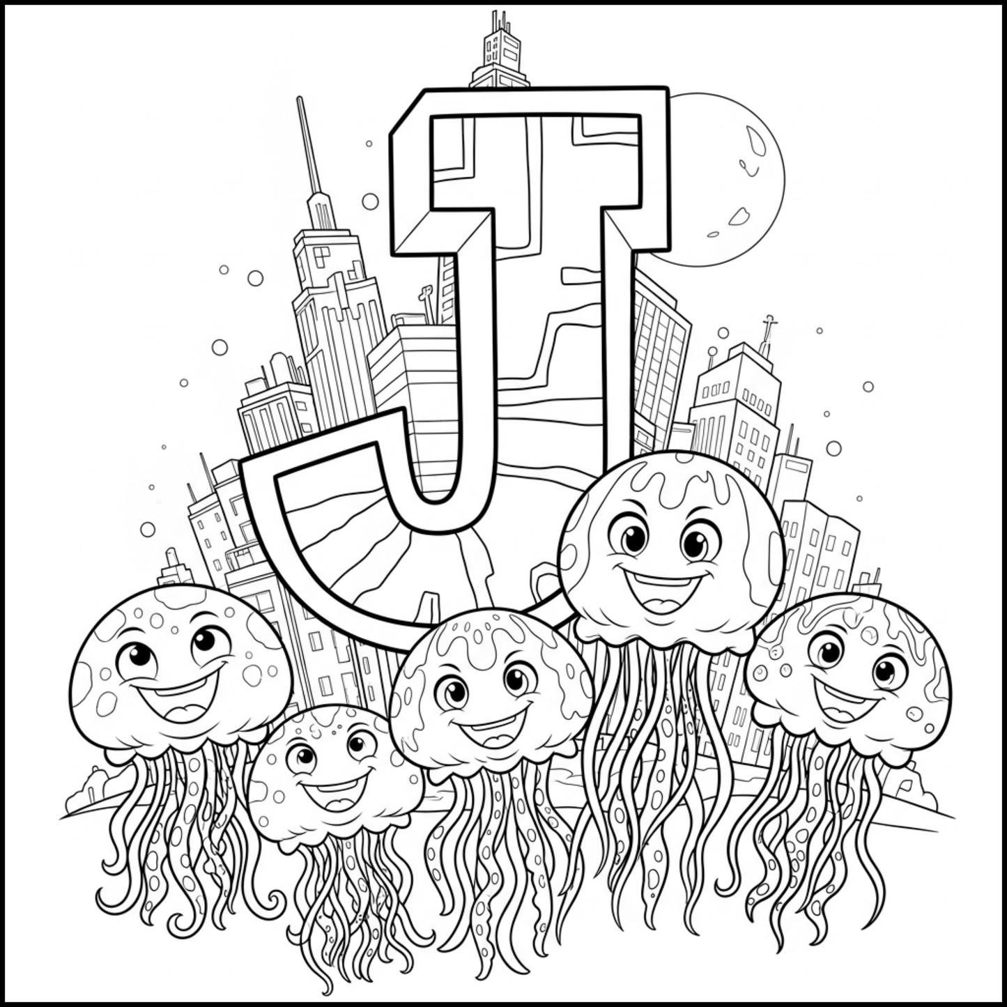 Edukacyjna kolorowanka z alfabetem A–Z dla dzieci. Proste czarno-białe ilustracje do druku, nauka liter, ćwiczenie rączki i kreatywna zabawa dla przedszkolaków.