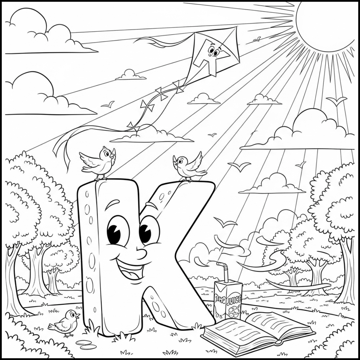 Edukacyjna kolorowanka z alfabetem A–Z dla dzieci. Proste czarno-białe ilustracje do druku, nauka liter, ćwiczenie rączki i kreatywna zabawa dla przedszkolaków.