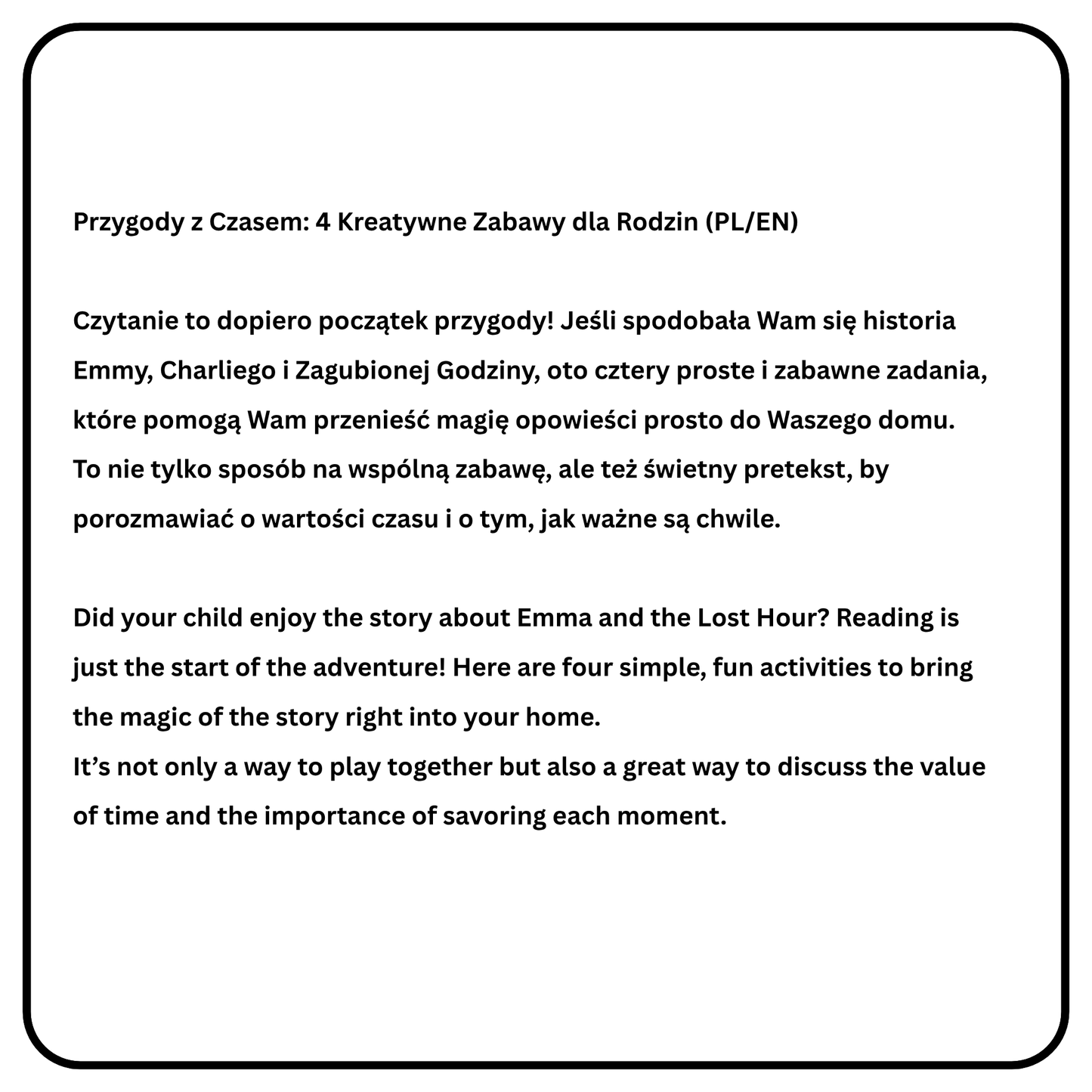 Nauka języka przez magiczną przygodę! Pobierz "Zagubioną Godzinę" – kompletny pakiet PDF zawierający dwujęzyczne opowiadanie (PL/EN), słowniczek i kreatywną kolorowankę.