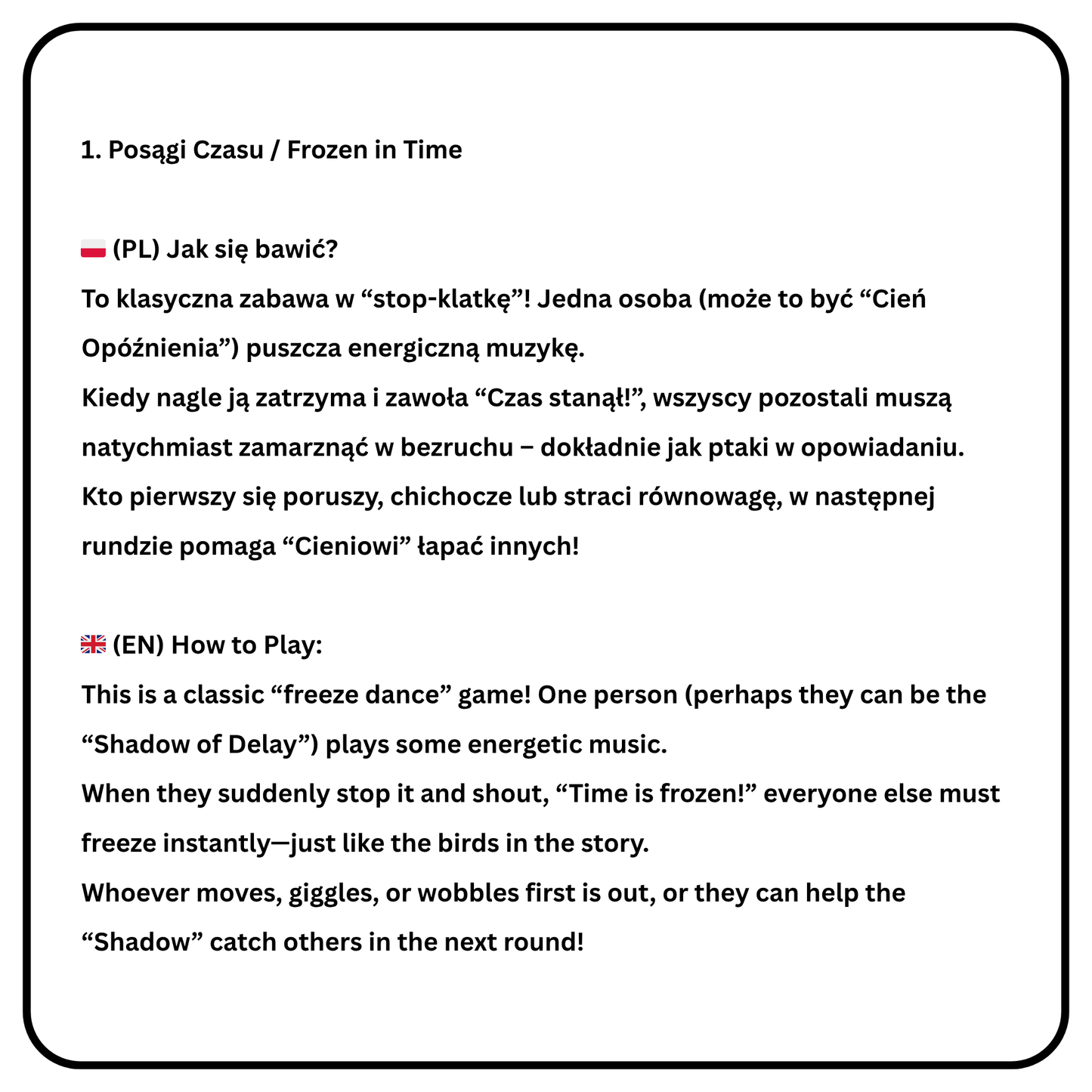 Nauka języka przez magiczną przygodę! Pobierz "Zagubioną Godzinę" – kompletny pakiet PDF zawierający dwujęzyczne opowiadanie (PL/EN), słowniczek i kreatywną kolorowankę.