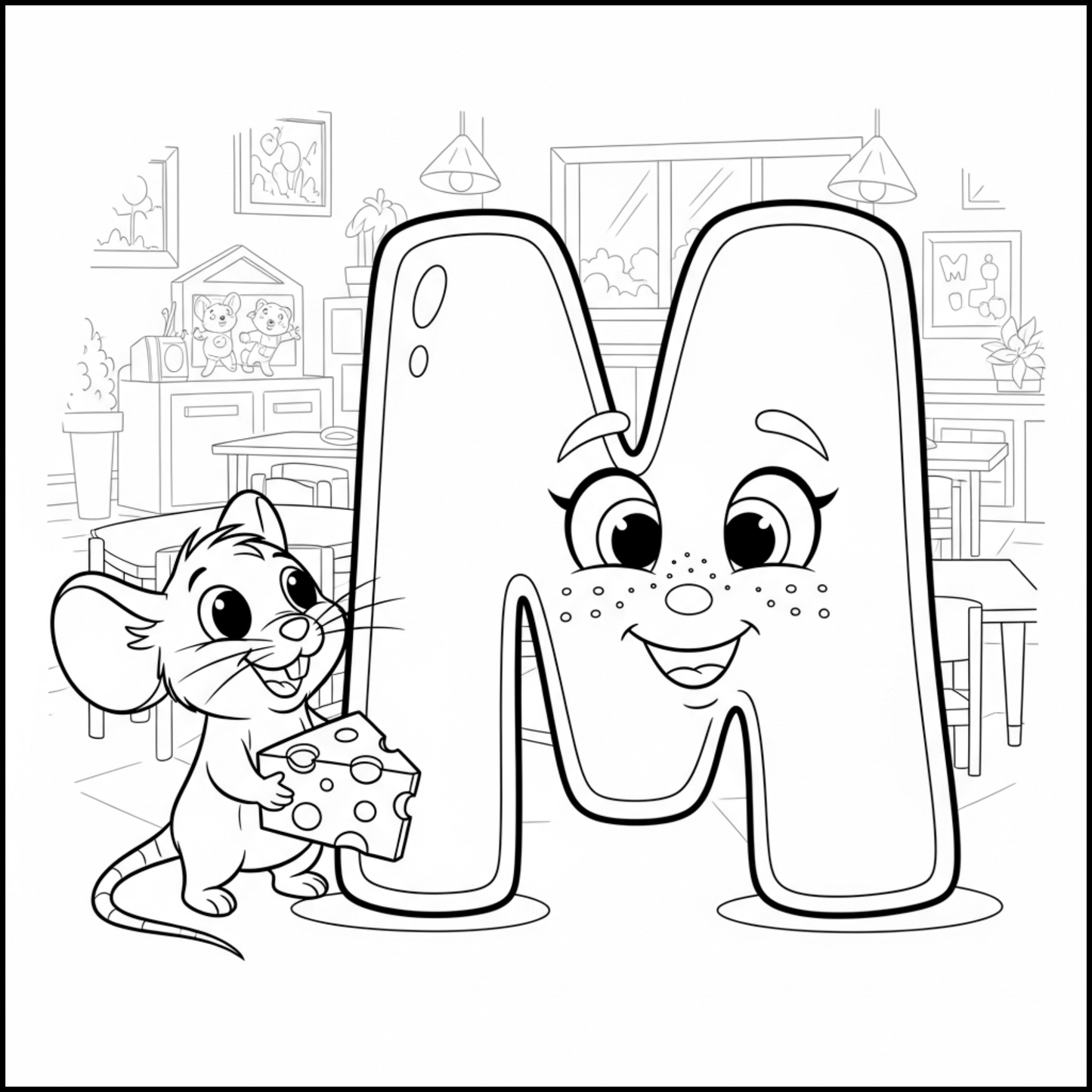 Edukacyjna kolorowanka z alfabetem A–Z dla dzieci. Proste czarno-białe ilustracje do druku, nauka liter, ćwiczenie rączki i kreatywna zabawa dla przedszkolaków.