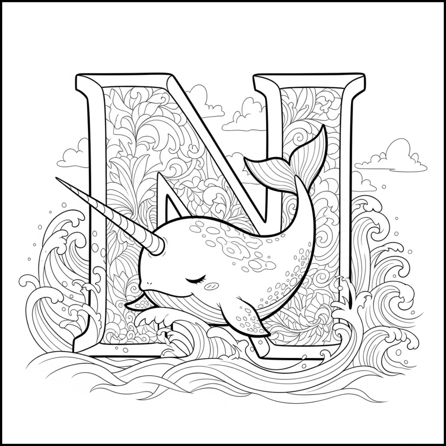 Edukacyjna kolorowanka z alfabetem A–Z dla dzieci. Proste czarno-białe ilustracje do druku, nauka liter, ćwiczenie rączki i kreatywna zabawa dla przedszkolaków.