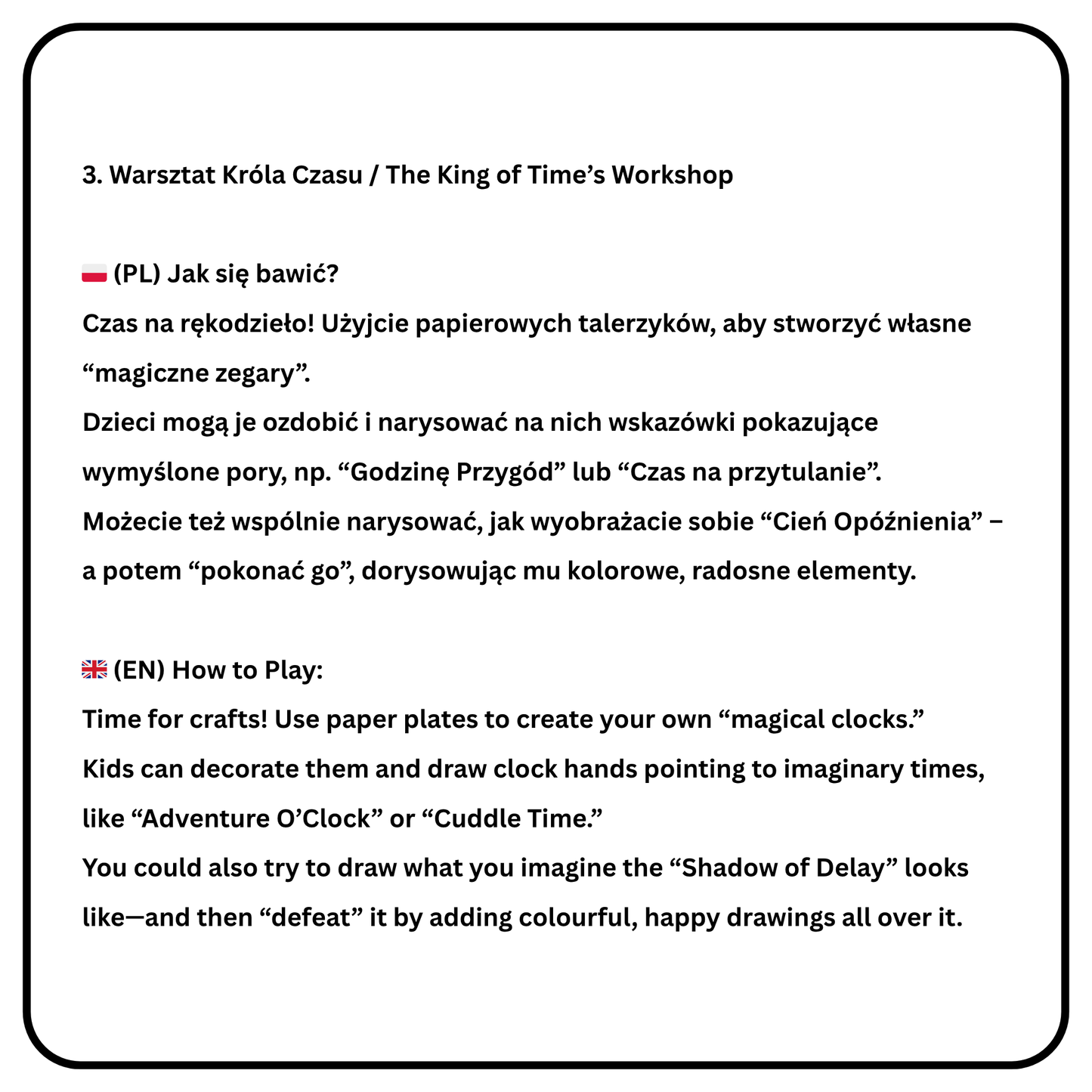 Nauka języka przez magiczną przygodę! Pobierz "Zagubioną Godzinę" – kompletny pakiet PDF zawierający dwujęzyczne opowiadanie (PL/EN), słowniczek i kreatywną kolorowankę.