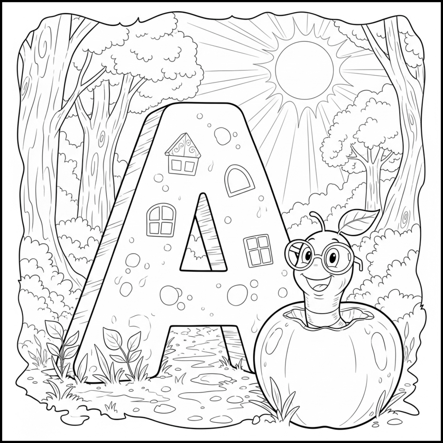 Edukacyjna kolorowanka z alfabetem A–Z dla dzieci. Proste czarno-białe ilustracje do druku, nauka liter, ćwiczenie rączki i kreatywna zabawa dla przedszkolaków.