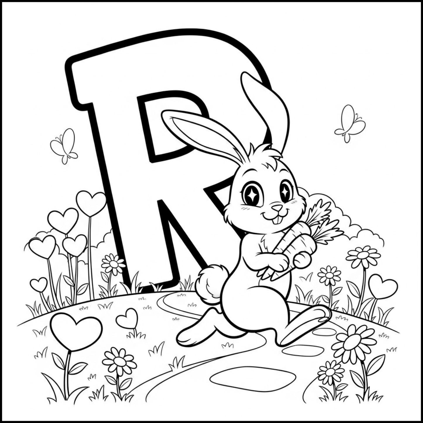 Edukacyjna kolorowanka z alfabetem A–Z dla dzieci. Proste czarno-białe ilustracje do druku, nauka liter, ćwiczenie rączki i kreatywna zabawa dla przedszkolaków.