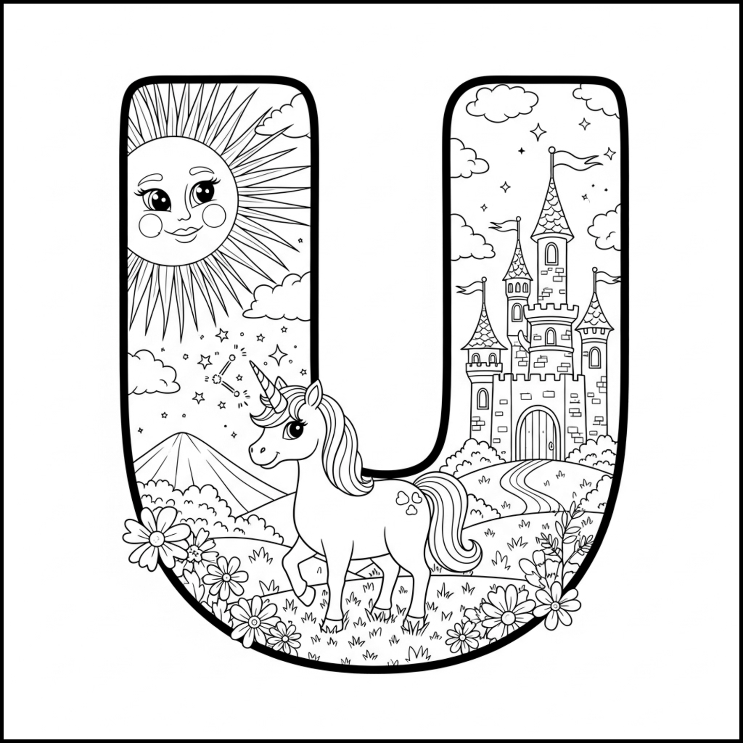 Edukacyjna kolorowanka z alfabetem A–Z dla dzieci. Proste czarno-białe ilustracje do druku, nauka liter, ćwiczenie rączki i kreatywna zabawa dla przedszkolaków.