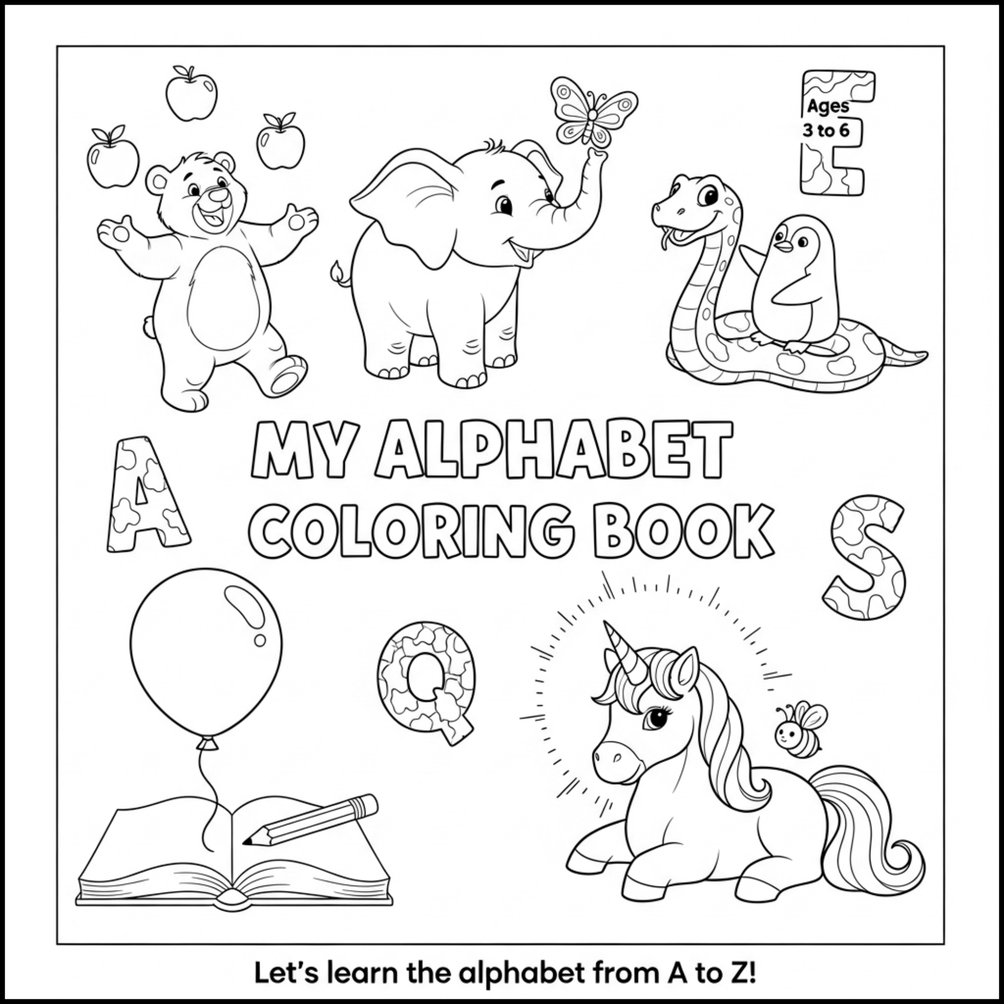 Edukacyjna kolorowanka z alfabetem A–Z dla dzieci. Proste czarno-białe ilustracje do druku, nauka liter, ćwiczenie rączki i kreatywna zabawa dla przedszkolaków.
