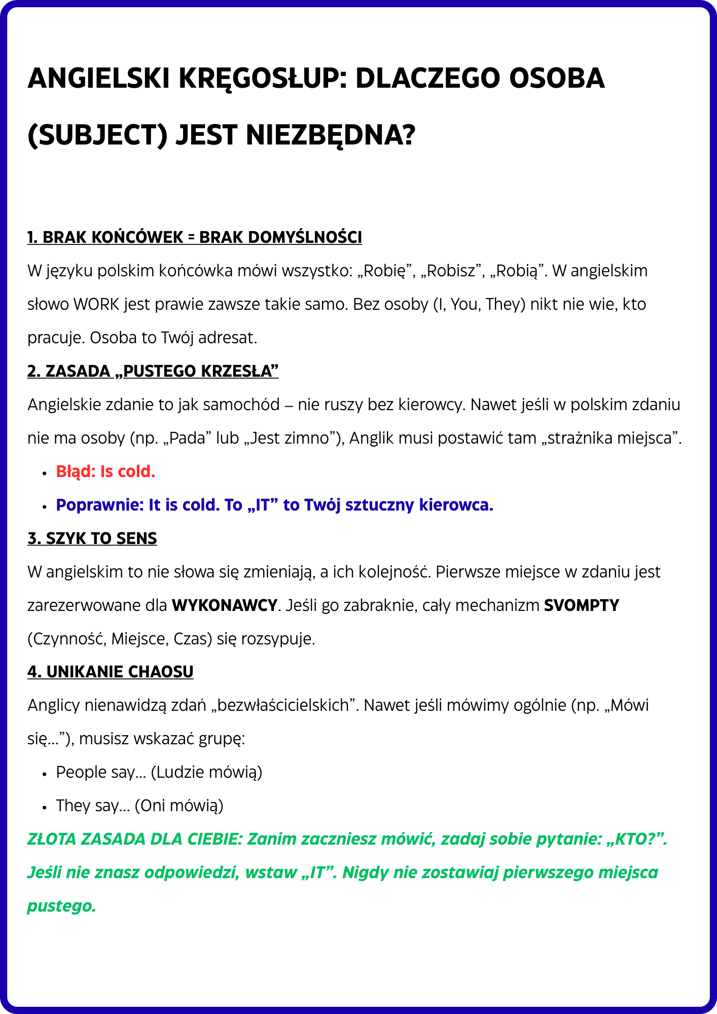 SYSTEM KONSTRUKTORA: ANGIELSKI KRĘGOSŁUP (S-V-O-M-P-T-Y)- Budowa zdania Angielskiego