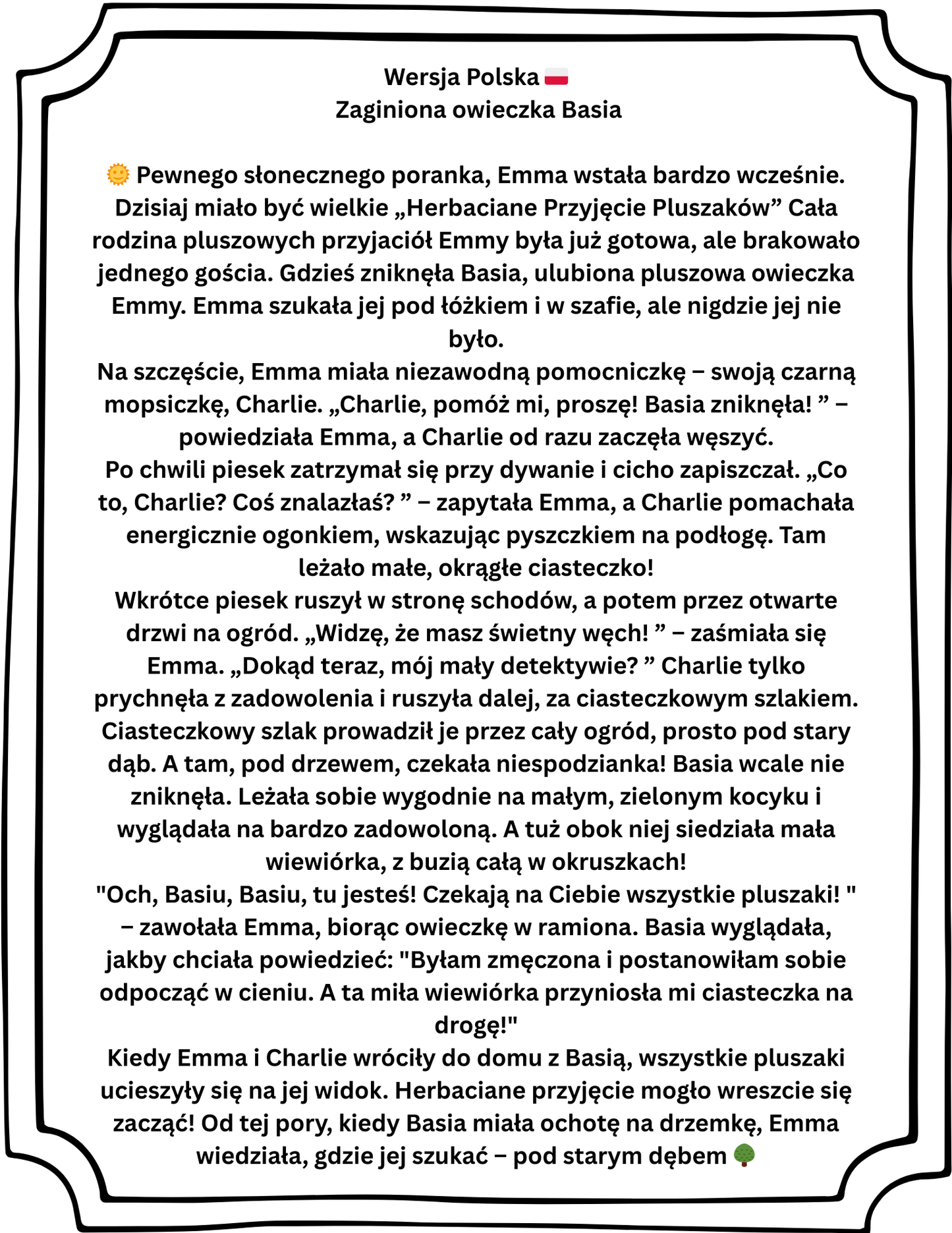 : Detektywi od Serca: Przygody Emmy i Charlie. Opowiadanie dwujęzyczne ze słownikiem i kreatywnymi zadaniami dla dzieci i rodziców, oraz kolorowanka tematyczna (PDF)