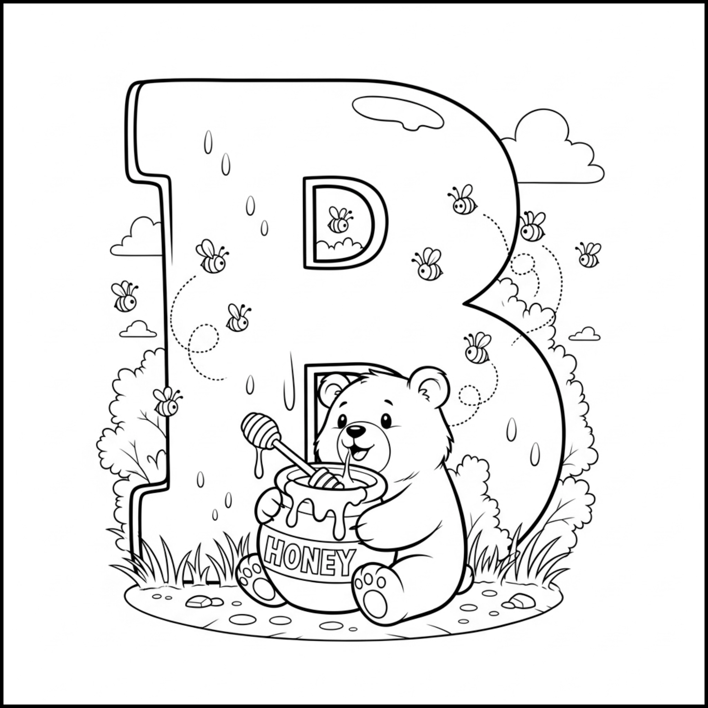 Edukacyjna kolorowanka z alfabetem A–Z dla dzieci. Proste czarno-białe ilustracje do druku, nauka liter, ćwiczenie rączki i kreatywna zabawa dla przedszkolaków.