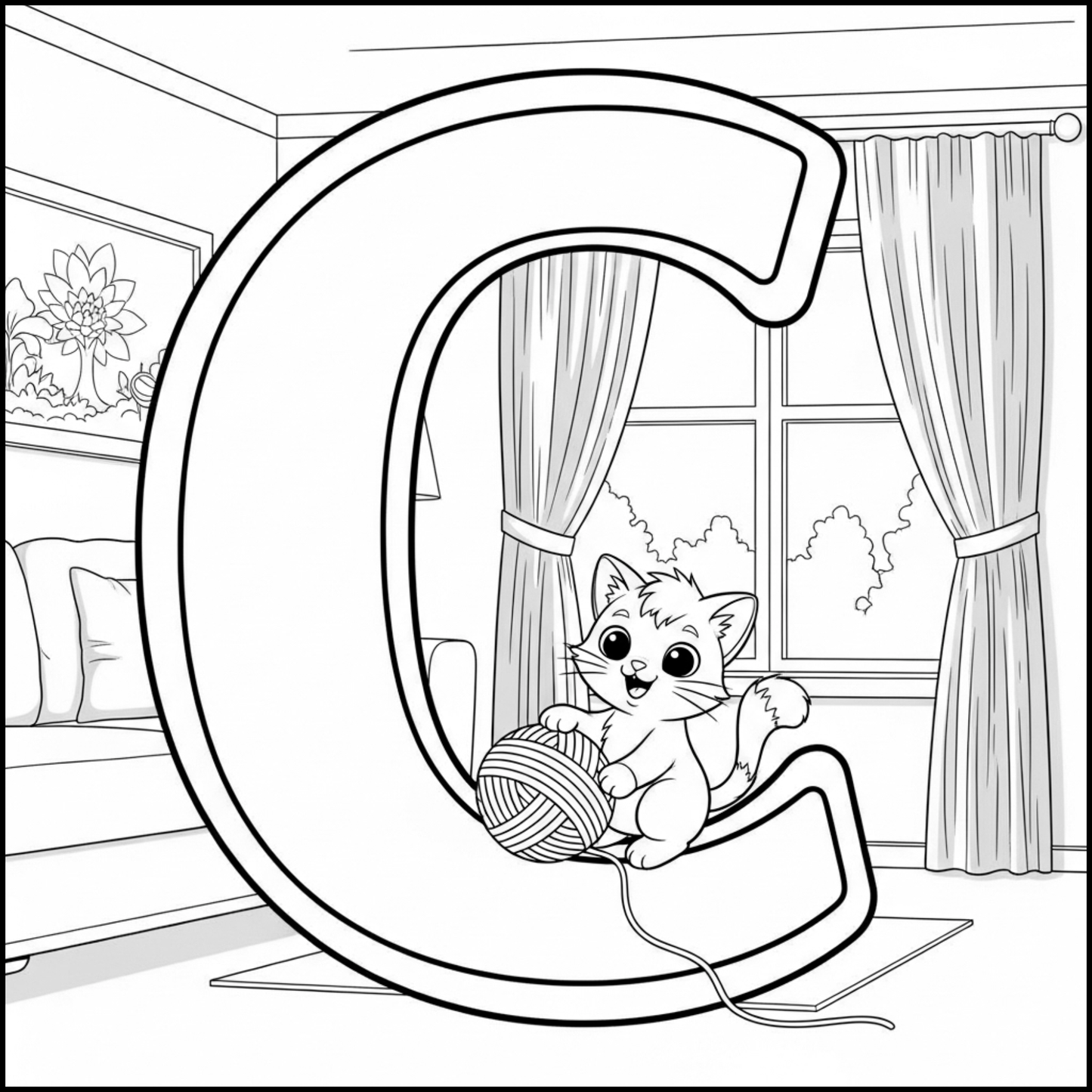 Edukacyjna kolorowanka z alfabetem A–Z dla dzieci. Proste czarno-białe ilustracje do druku, nauka liter, ćwiczenie rączki i kreatywna zabawa dla przedszkolaków.