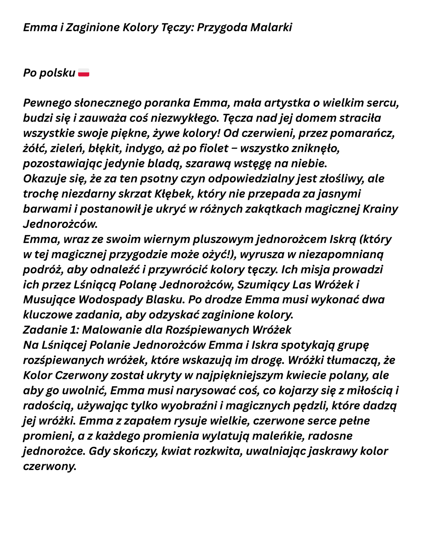 Emma i zagubione Kolory Tęczy- opowiadanie i kolorowanka w języku angielskim i polskim