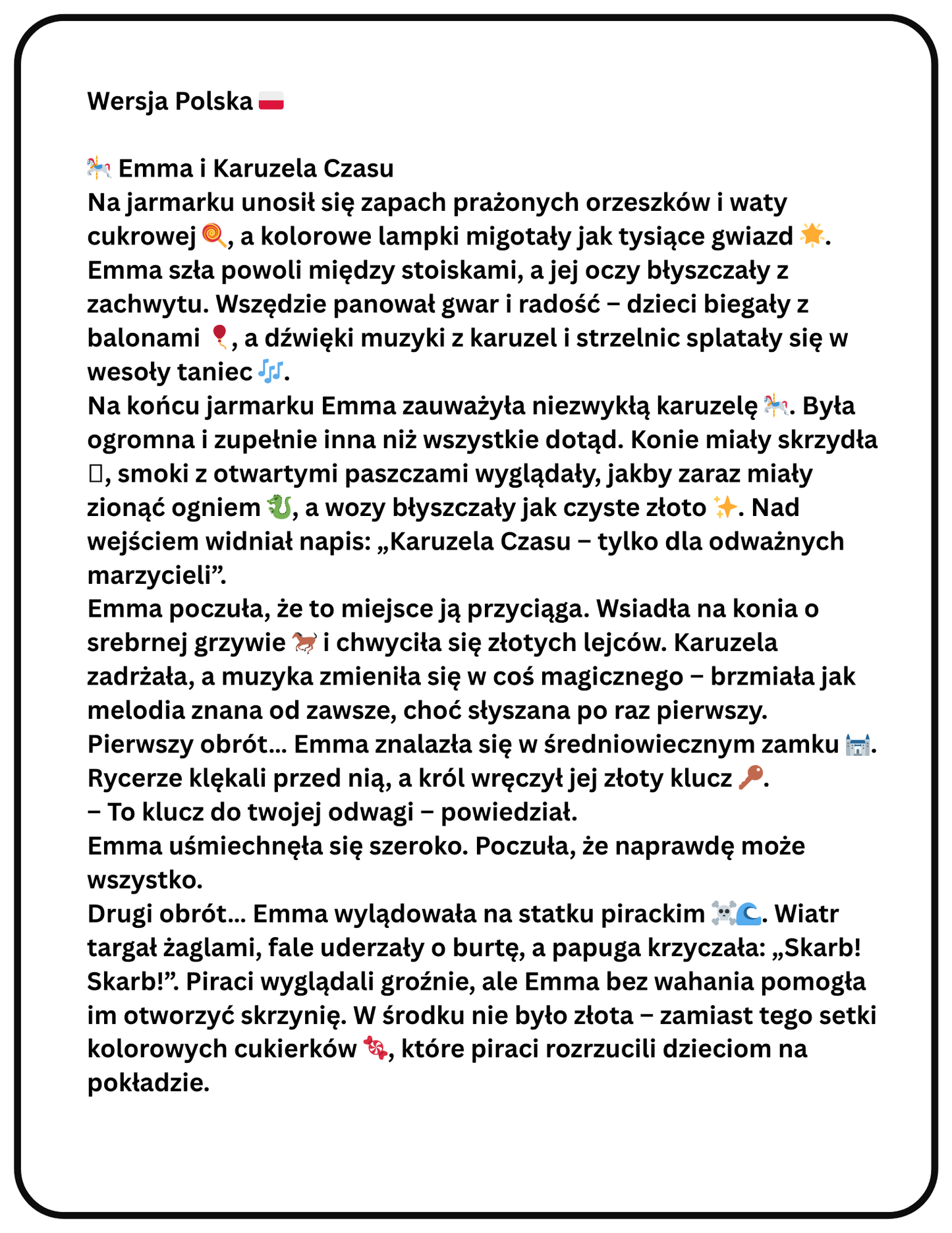 Emma i Karuzela Czasu – Magiczna Dwujęzyczna Bajka z Zadaniami i Kolorowankami (PDF do druku)