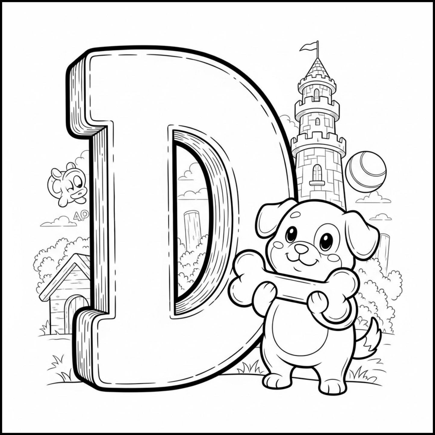 Edukacyjna kolorowanka z alfabetem A–Z dla dzieci. Proste czarno-białe ilustracje do druku, nauka liter, ćwiczenie rączki i kreatywna zabawa dla przedszkolaków.