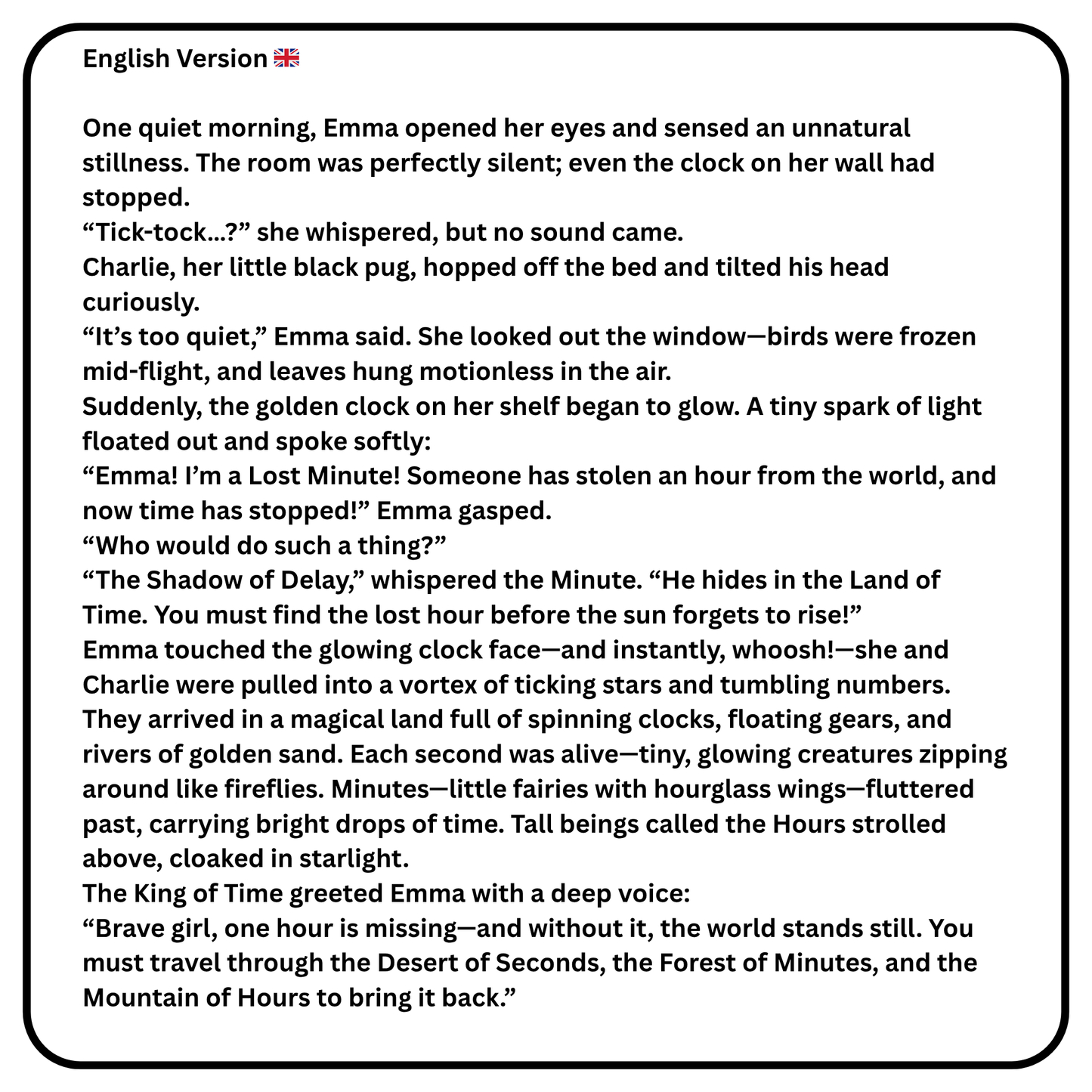 Nauka języka przez magiczną przygodę! Pobierz "Zagubioną Godzinę" – kompletny pakiet PDF zawierający dwujęzyczne opowiadanie (PL/EN), słowniczek i kreatywną kolorowankę.